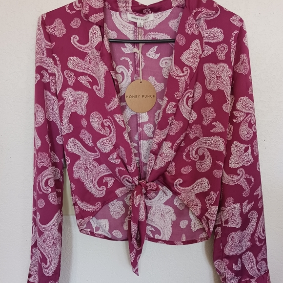 💙Honey punch burgundy Paisley print wrap Tie crop top - Picture 6 of 11